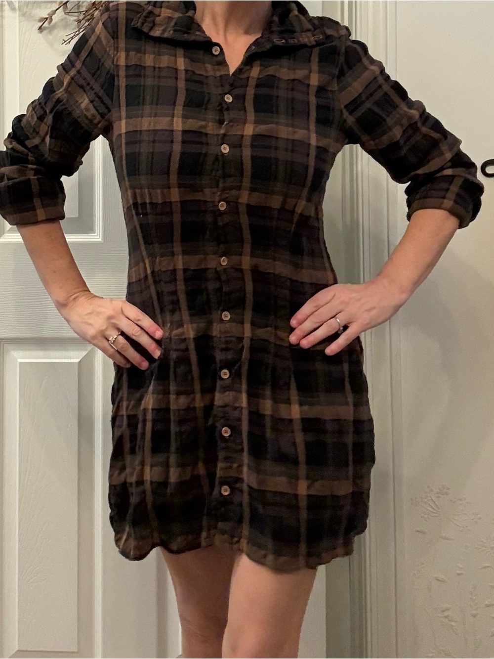 SHIRT Brown and Black Plaid Button-Front Shirt Dress- Great Fall Look!